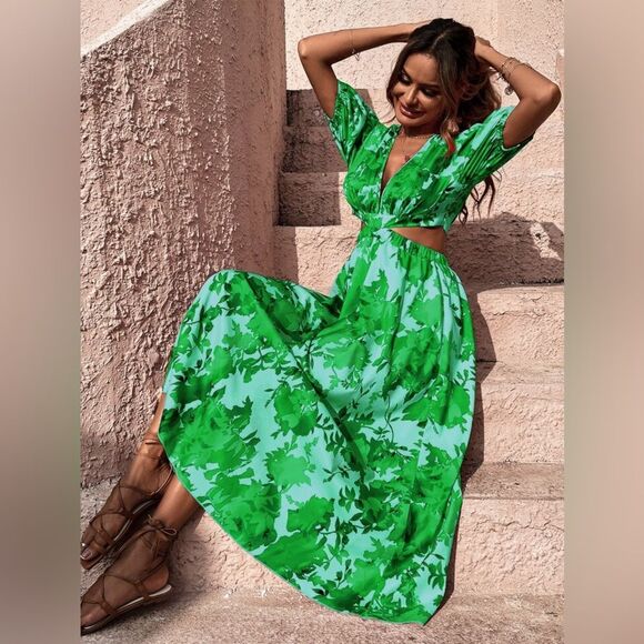 SHEIN Green Floral Print Cut Out Puff Sleeve Dress Size XL NWOT 10 367 - Picture 8 of 8